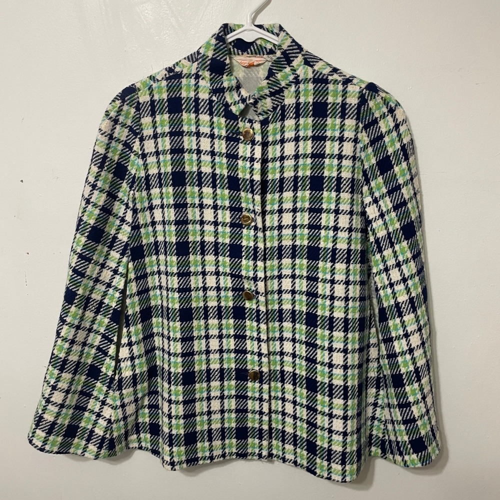Vintage Donnkenny Plaid Blazer Jacket Cape Navy Green White Gold Buttons Women